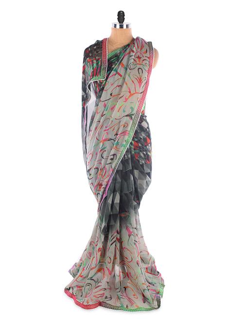 Grey Georgette Printed Saree With Lace Border - Suchi Fashion