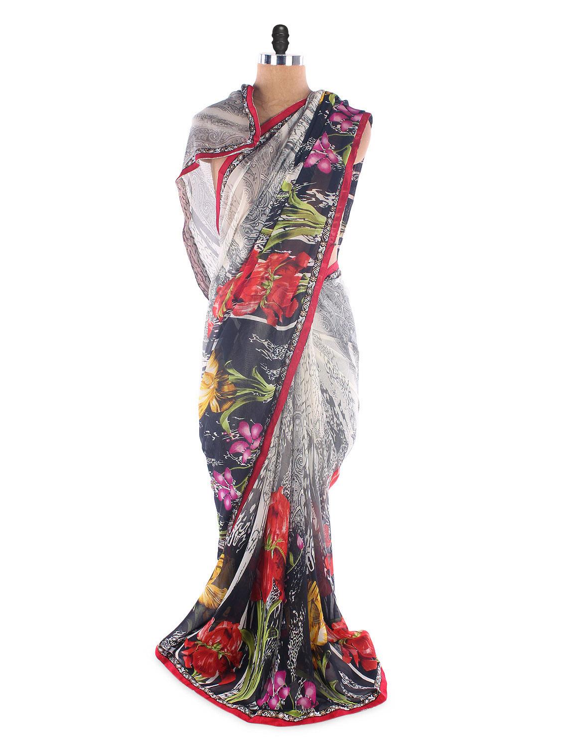 Grey & Black Weightless Georgette Printed Saree With Lace Border - Suchi Fashion