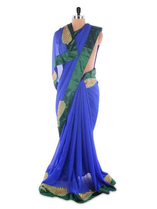 Embroidered Leaf Dark Blue & Green Saree - Suchi Fashion