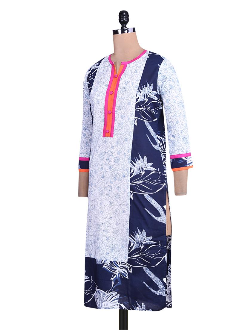 Black and White Printed Kurti with Orange Placket - 9676081 - Zoom Image - 2