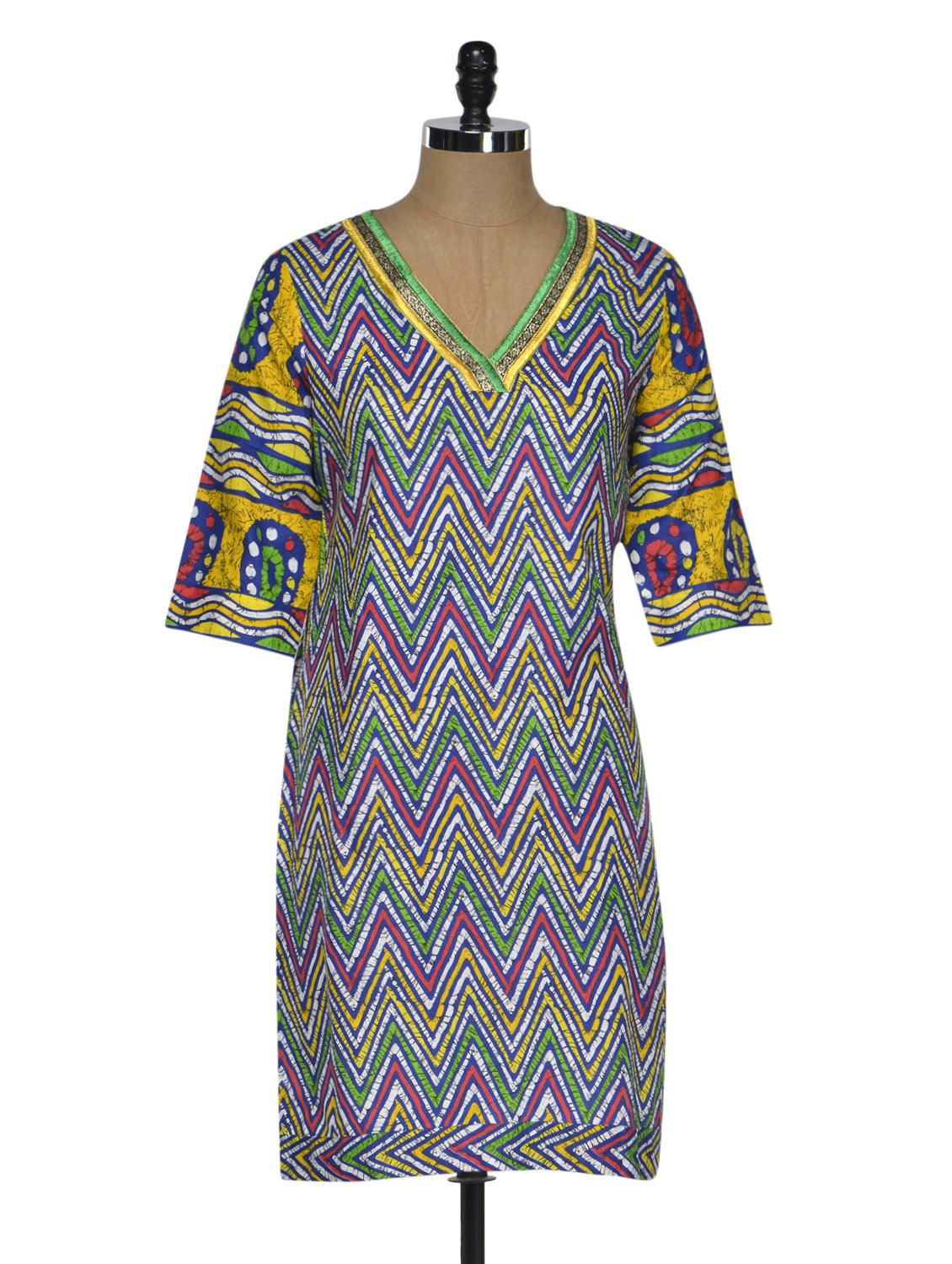 Chevron Print Kurta With A Hint Of Pink - By