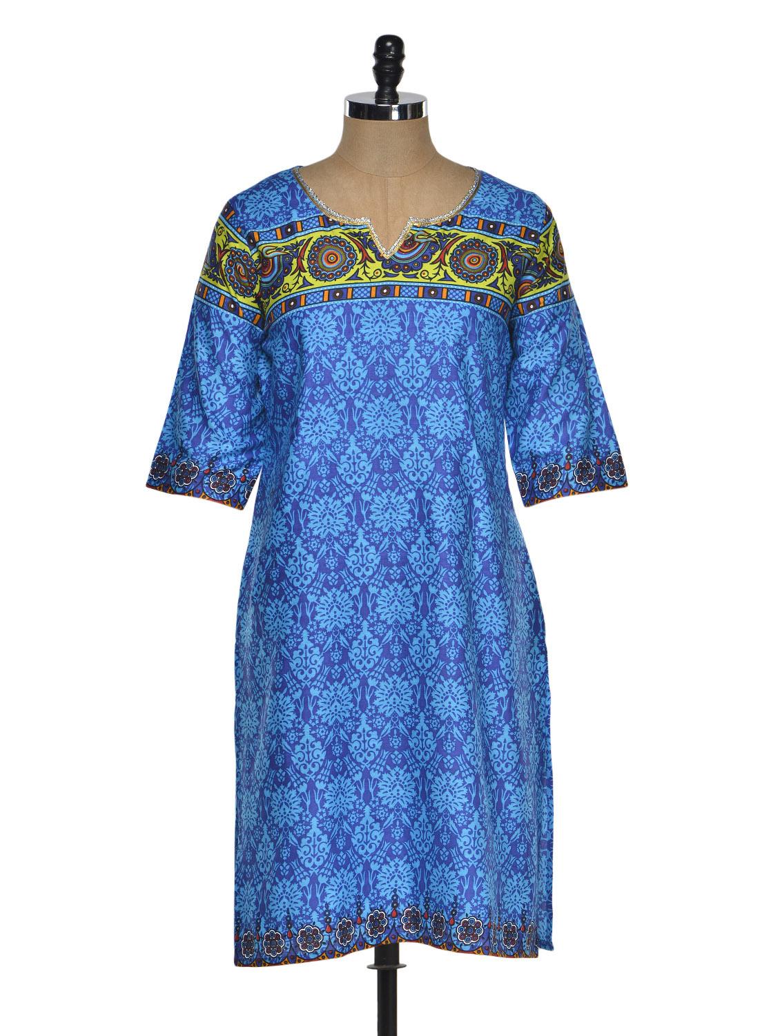 Multi Color Quarter Sleeve Geometric Print Kurta With A Hint Of Green - Chitwan Mohan