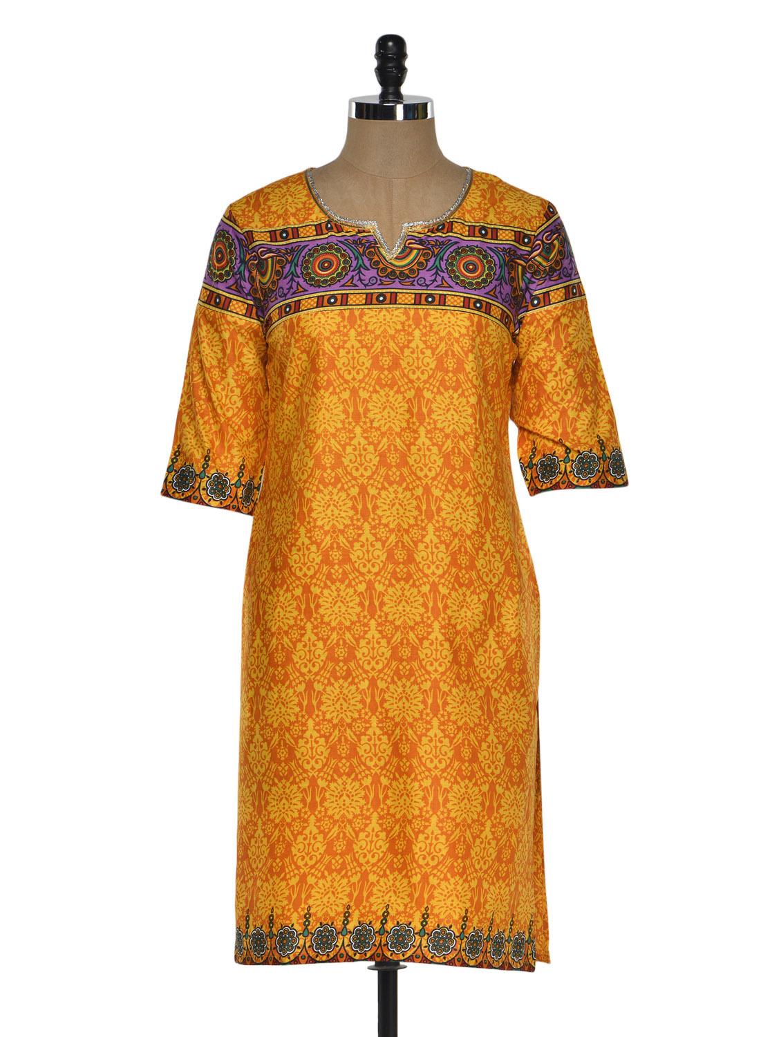 Multi Color Quarter Sleeve Geometric Print Kurta With A Hint Of Purple - Chitwan Mohan