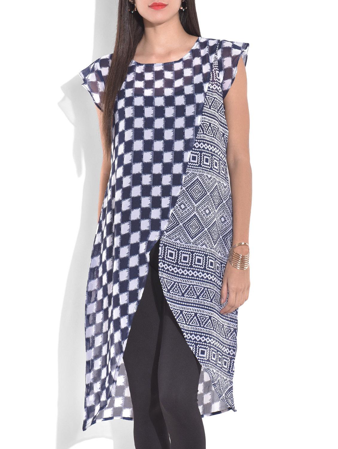 Blue And Off White Printed Short Sleeve Kurta - By