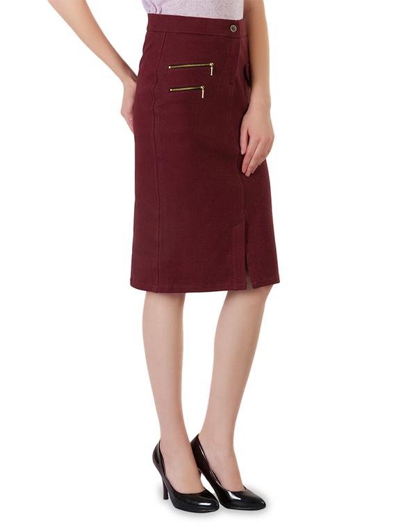 Maroon cotton lycra front slit skirt - 9683537 - Zoom Image - 2