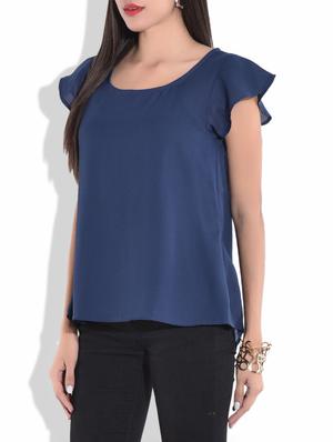 navy blue cap sleeved asymmetrical top - 9686078 - Standard Image - 2