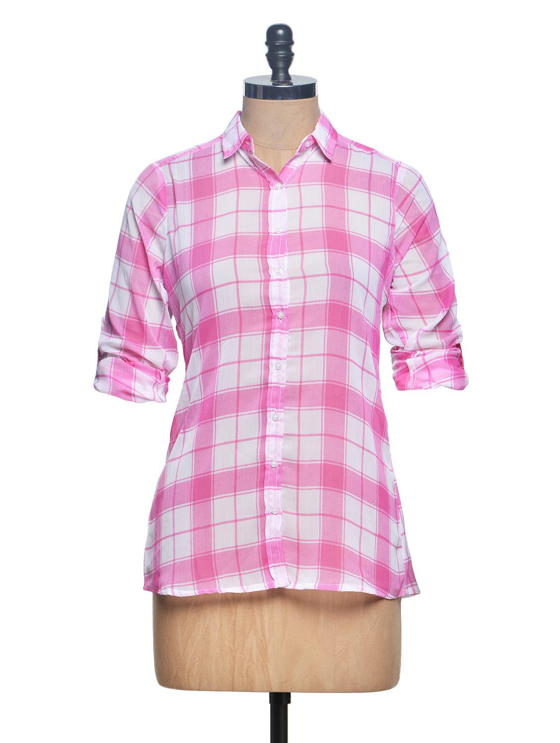 Full Sleeve Pink And White Checks Chiffon Shirt - Paprika
