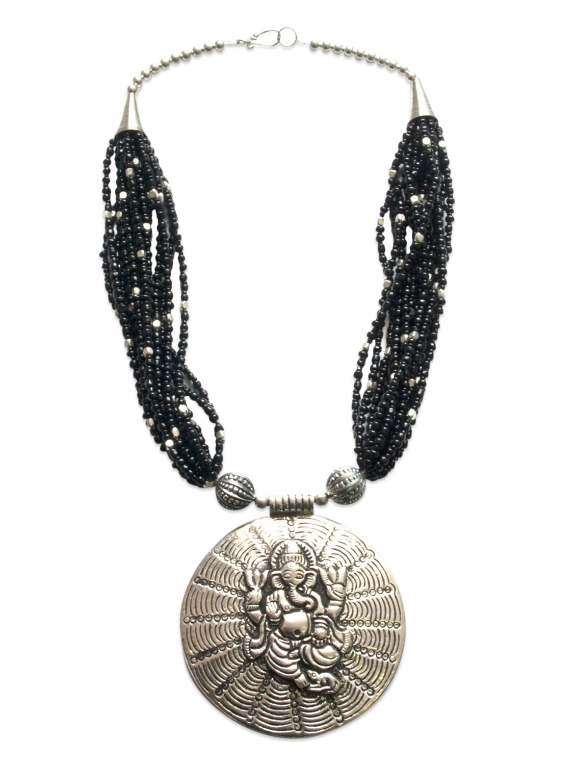 Silver And Black Beaded Ganesha Necklace - By
