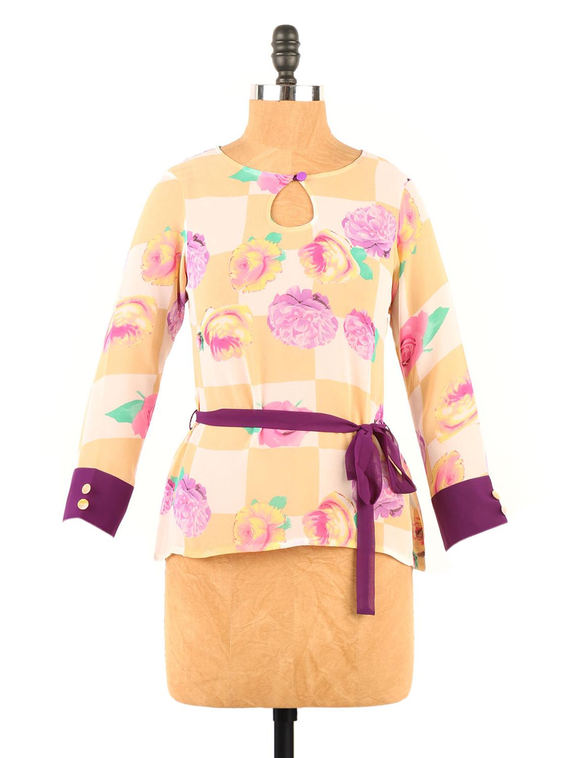 Floral & Check Print Georgette Fawn And Pink Top - Fashion 205