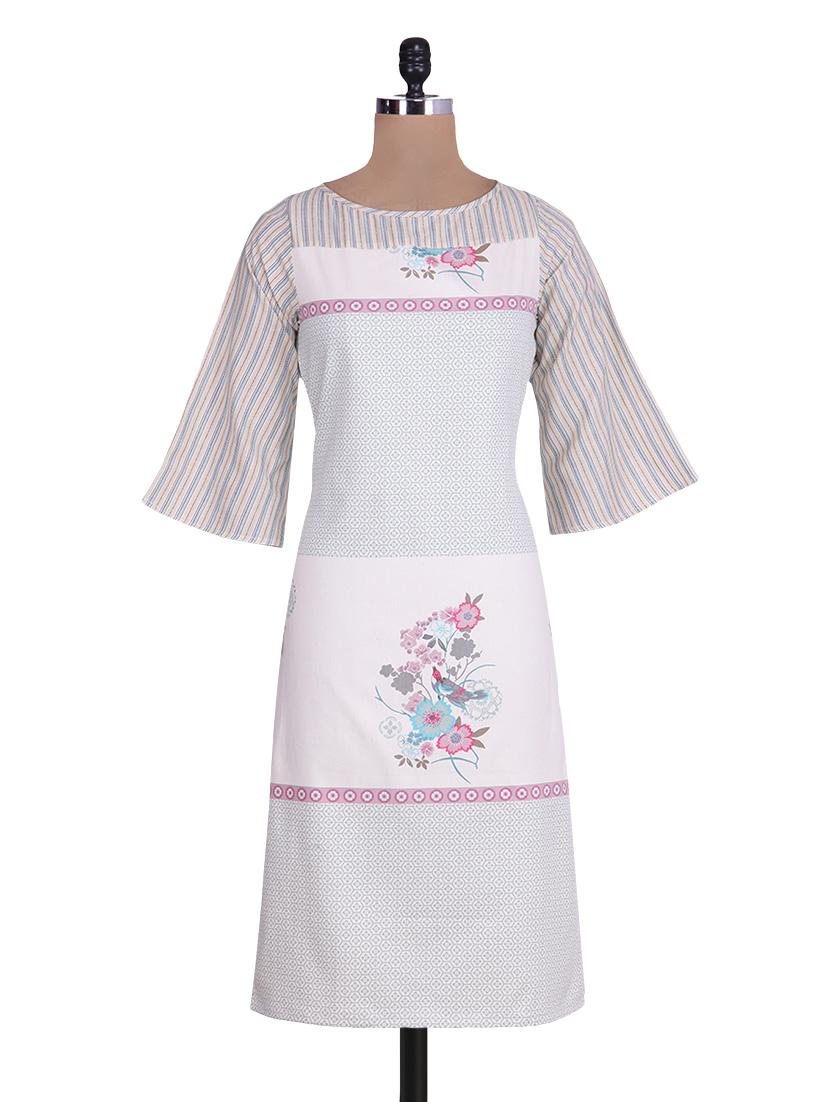 Off White Floral Printed Bell Sleeved Cotton Kurta - By