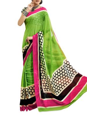 Printed Polka Dot Chiffon Green Saree With Blouse Piece