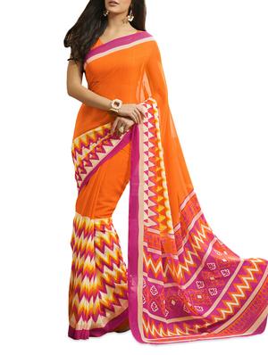Printed Chiffon Orange Saree With Blouse Piece
