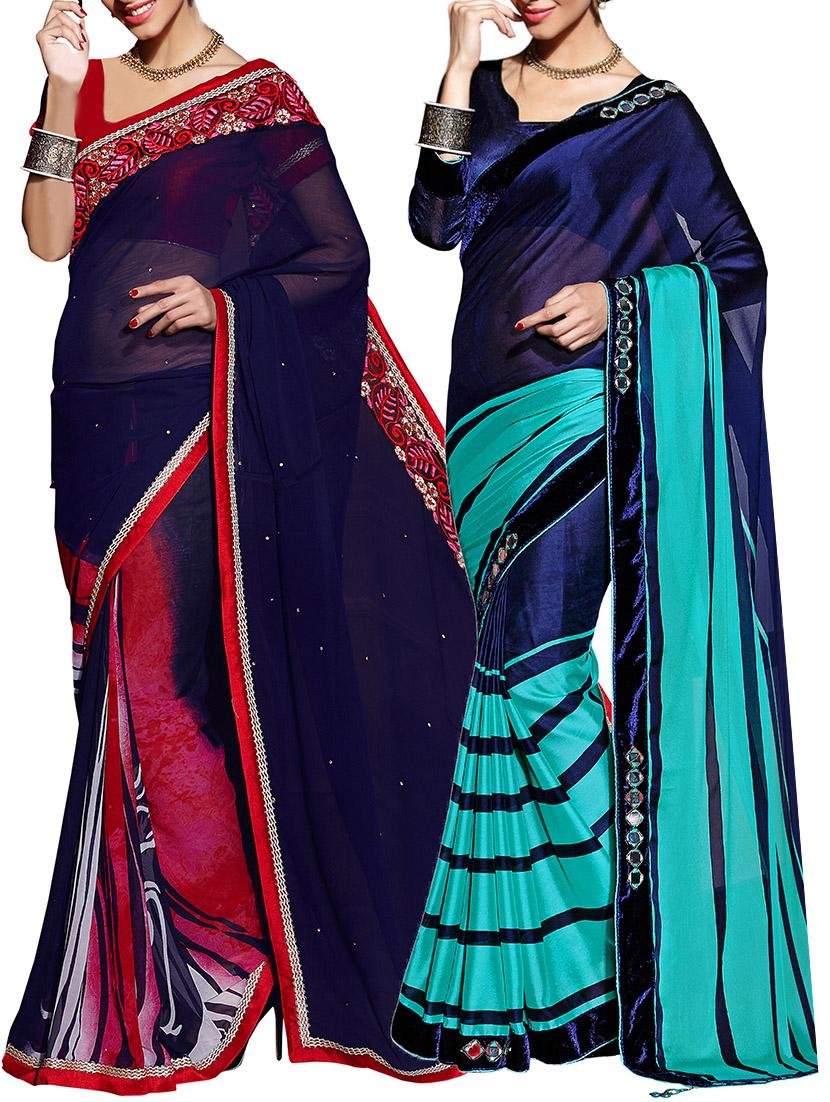 Set Of 2 Dark Blue & Pink, Dark Blue & Turquoise Color Georgette Embroidered Saree - By