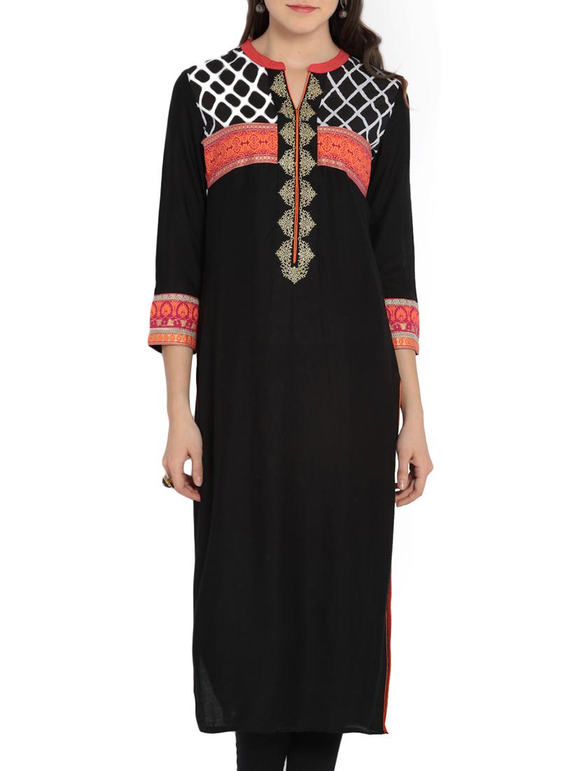 Black Rayon Printed Embroidery Kurta - By