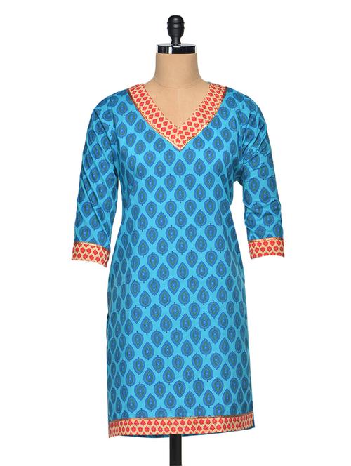 Blue Cotton Booti Print V-Neck Kurti - Vgf