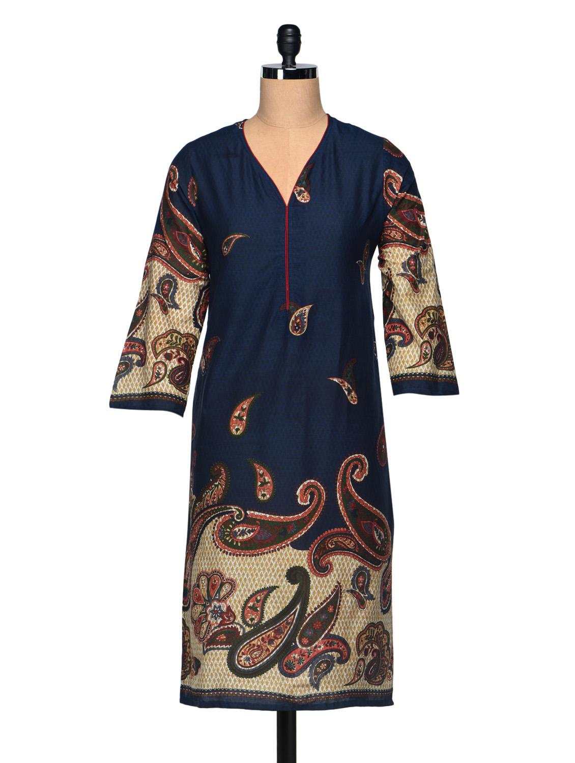 Paisley Print Three Quarter Sleeve Cotton Kurta - Enakshi