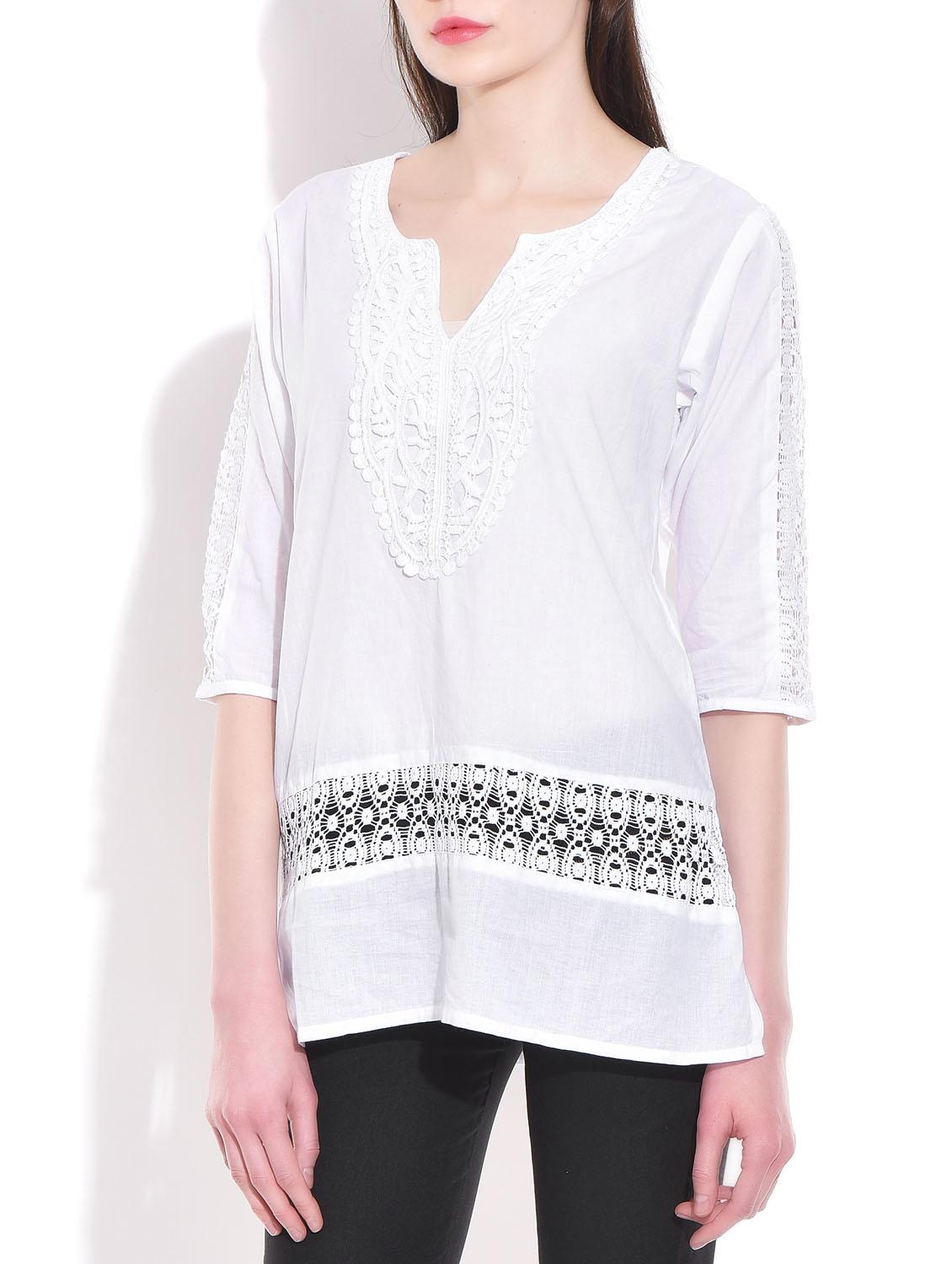 white colored, Cotton Embroidered Top - 9822139 - Zoom Image - 2