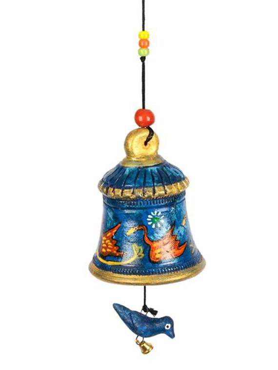 Terracotta Handpainted Hanging Bell With Bird Blue - ExclusiveLane