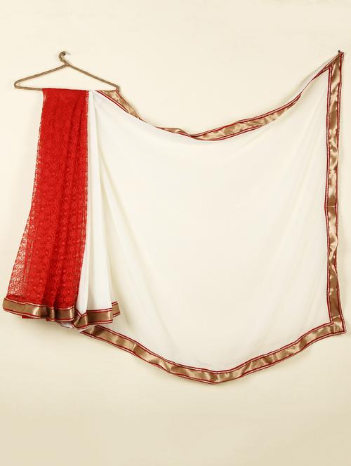 White & Red Lace Georgette Saree With Gota Border - ABHIRUPA