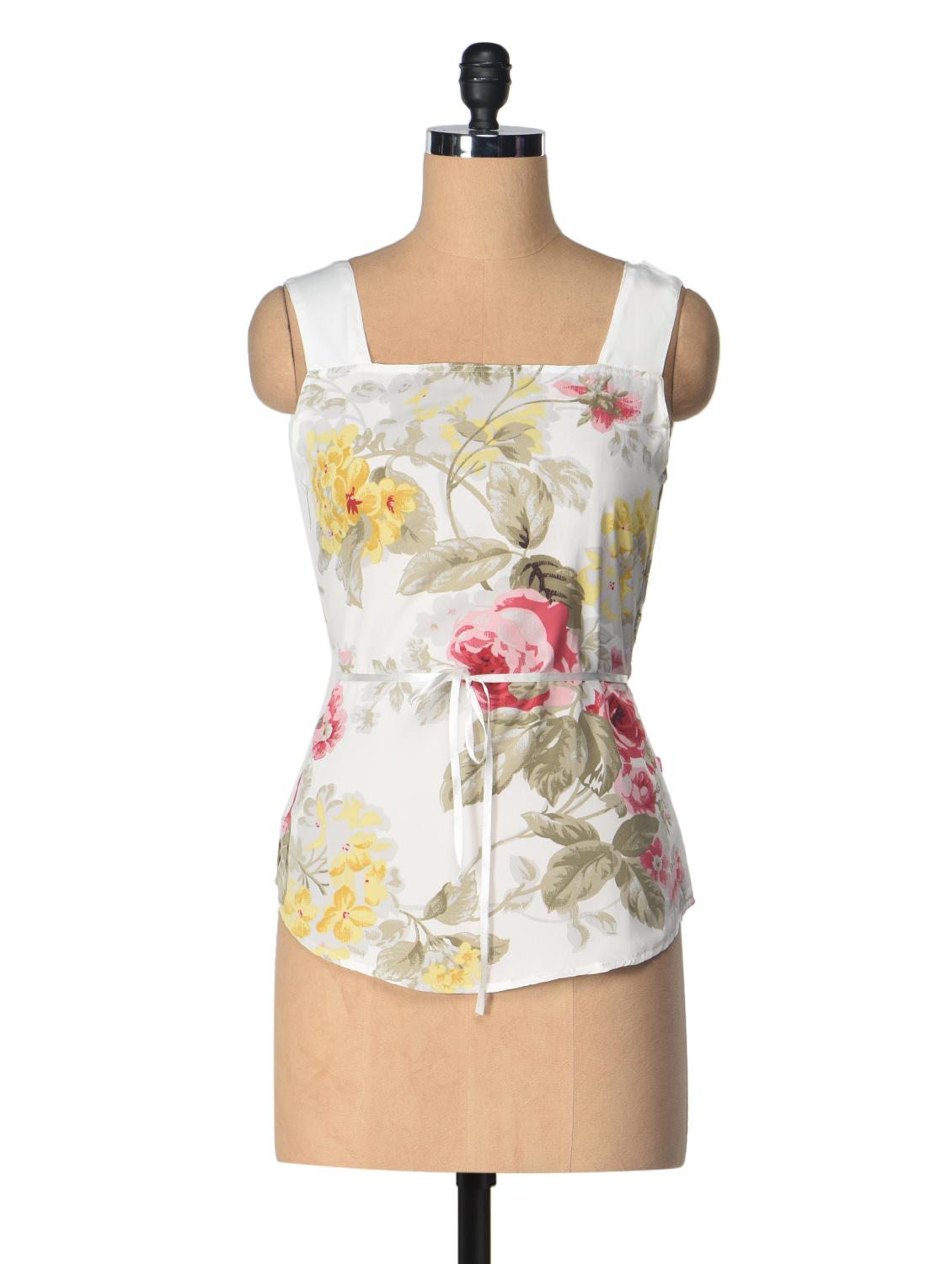 White Floral Print Sleeveless Top - Tops And Tunics
