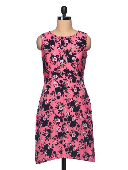 Floral Print Sleeveless Round Neck Dress - BLUEBERY D C