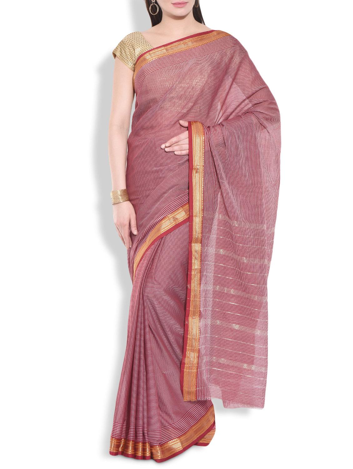 Maroon Cotton Striped Saree With Brocade Border - By