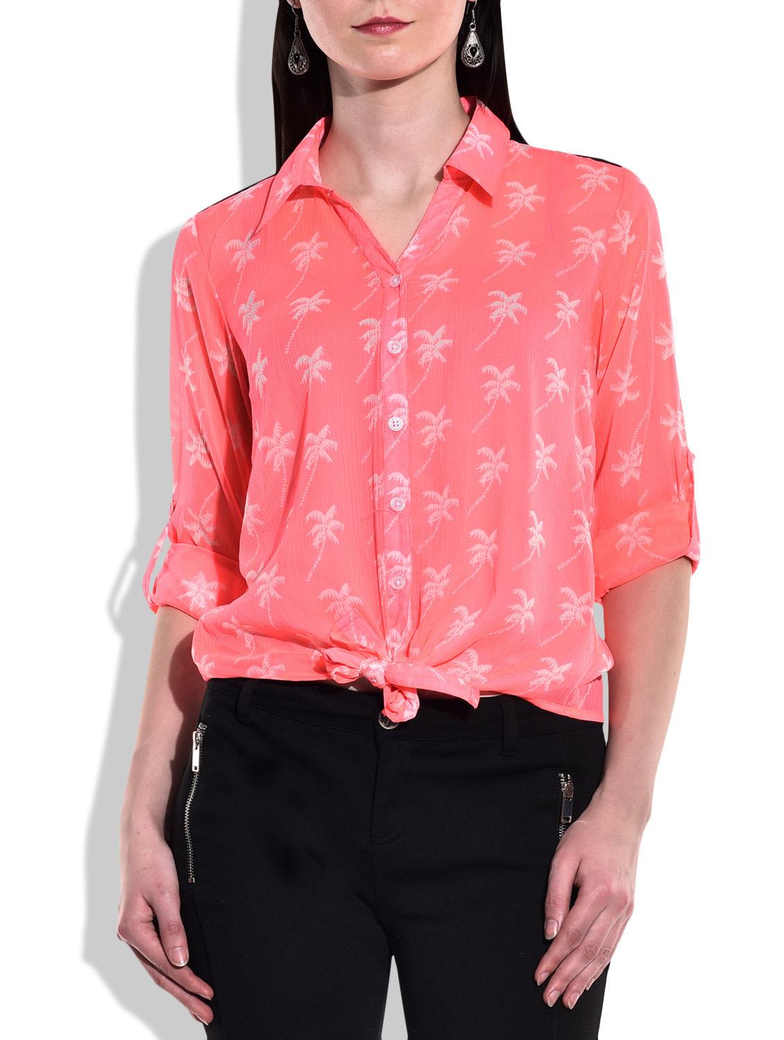 Neon Pink, White PolyChiffon, Lace Shirt - By