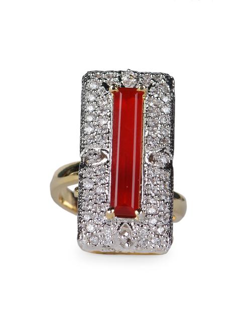 Rectangular Red Stone & American Diamond Studded Ring - Savi