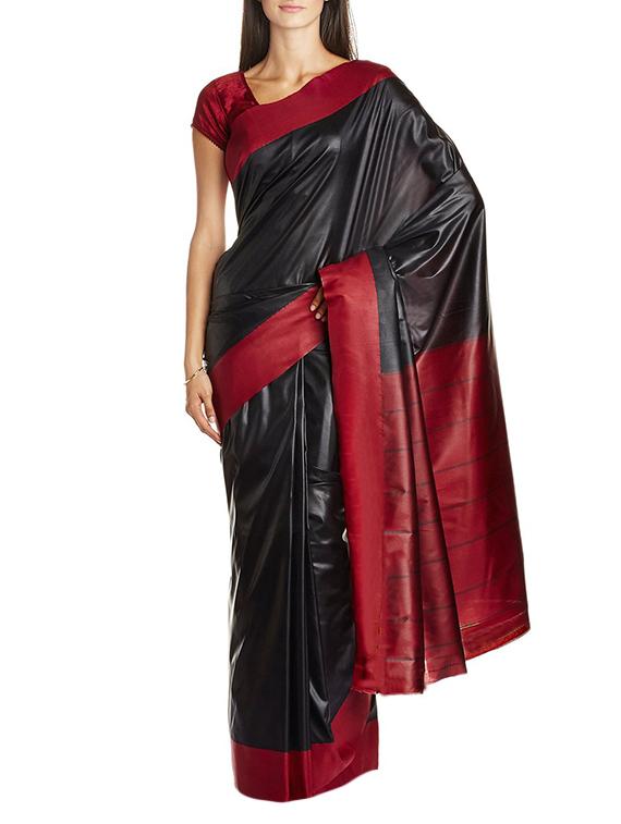Black Plain Mysore Art Silk Saree - By