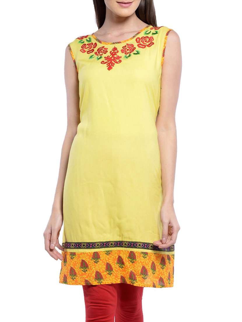 yellow embroidery viscose kurta