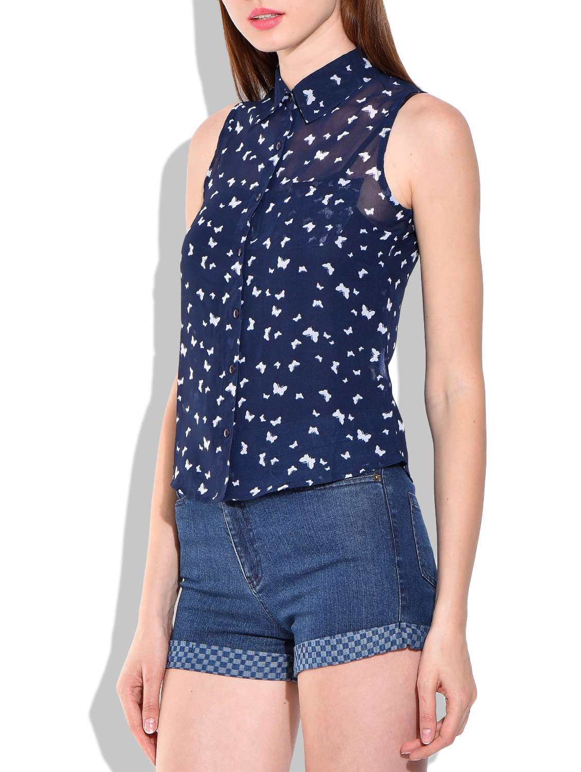 navy blue,white poly georgette crop shirt - 10016579 -  Standard Image - 1
