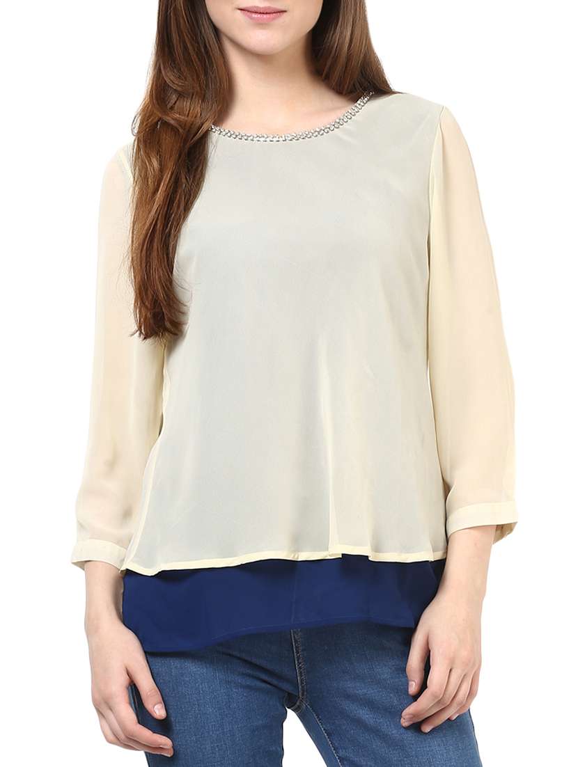 white, blue poly georgette top