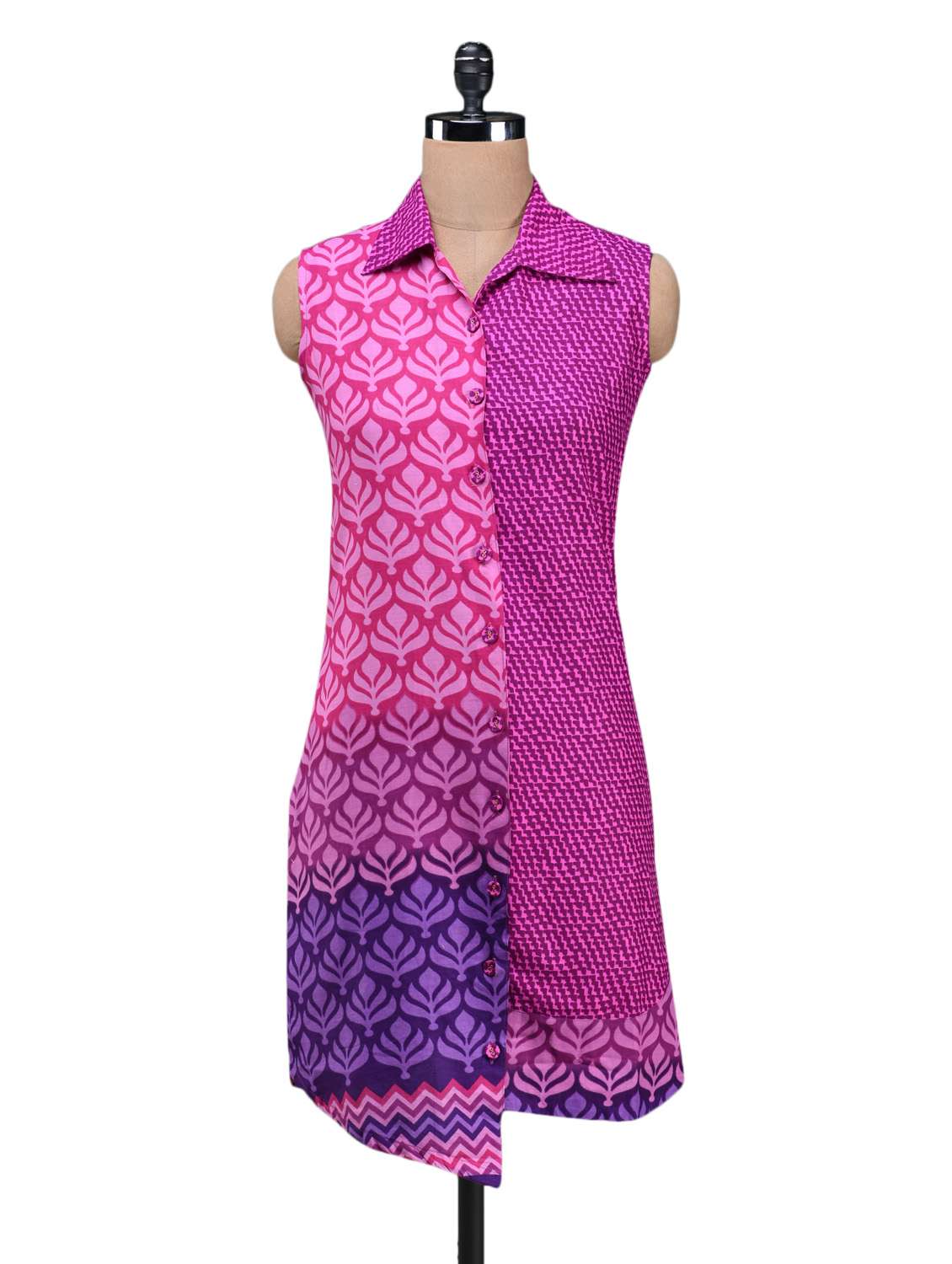 printed asymmetric front panel cotton dress