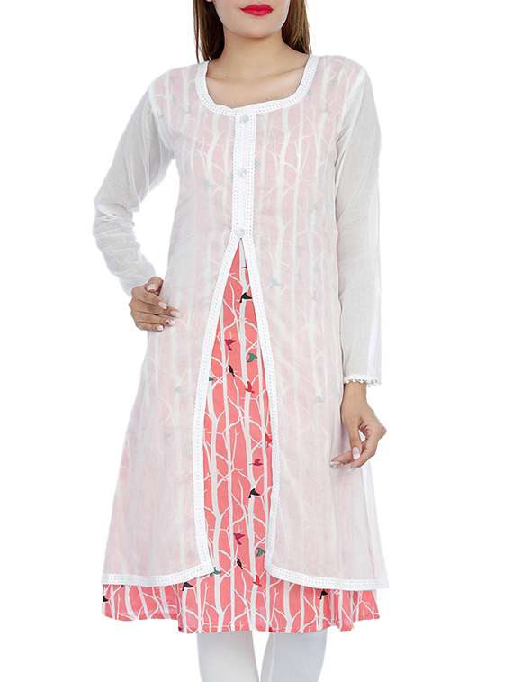 white cotton printed layered kurta