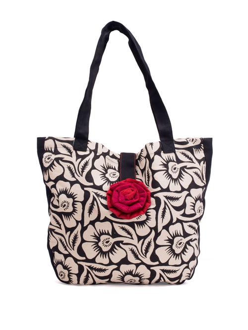 Black And White Handbag With A Deep Red And Pink Rose Button - Pick Pocket