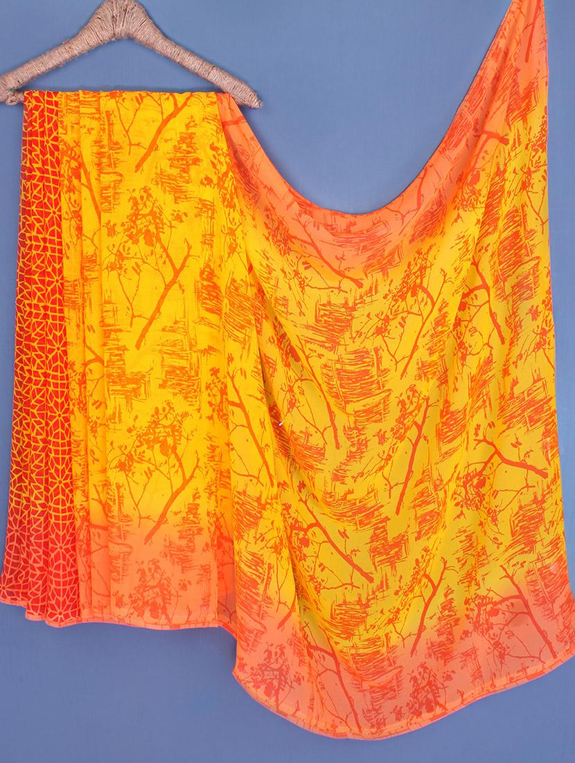 Yellow & Orange Printed Georgette Saree - Fabdeal