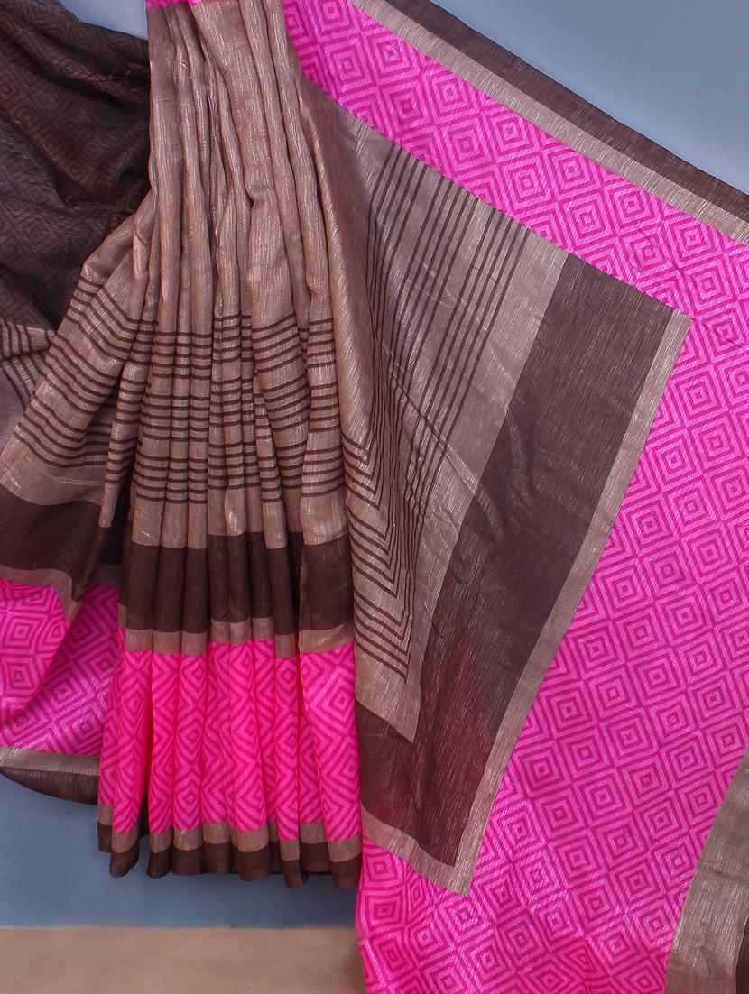 Brown & Pink Printed Bhagalpuri Silk Saree - Fabdeal