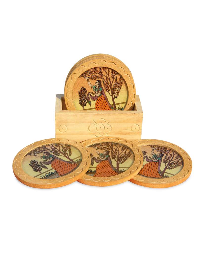 coaster set in round shape made out of natural gemstone and wood depicting ragini plucking flower design