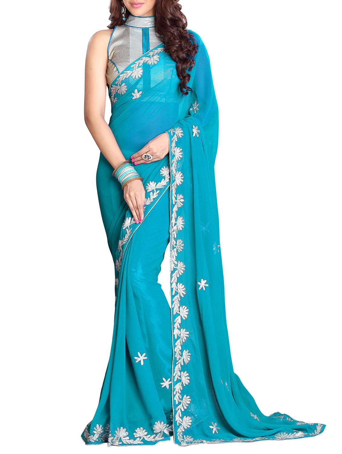 turquoise faux georgette saree
