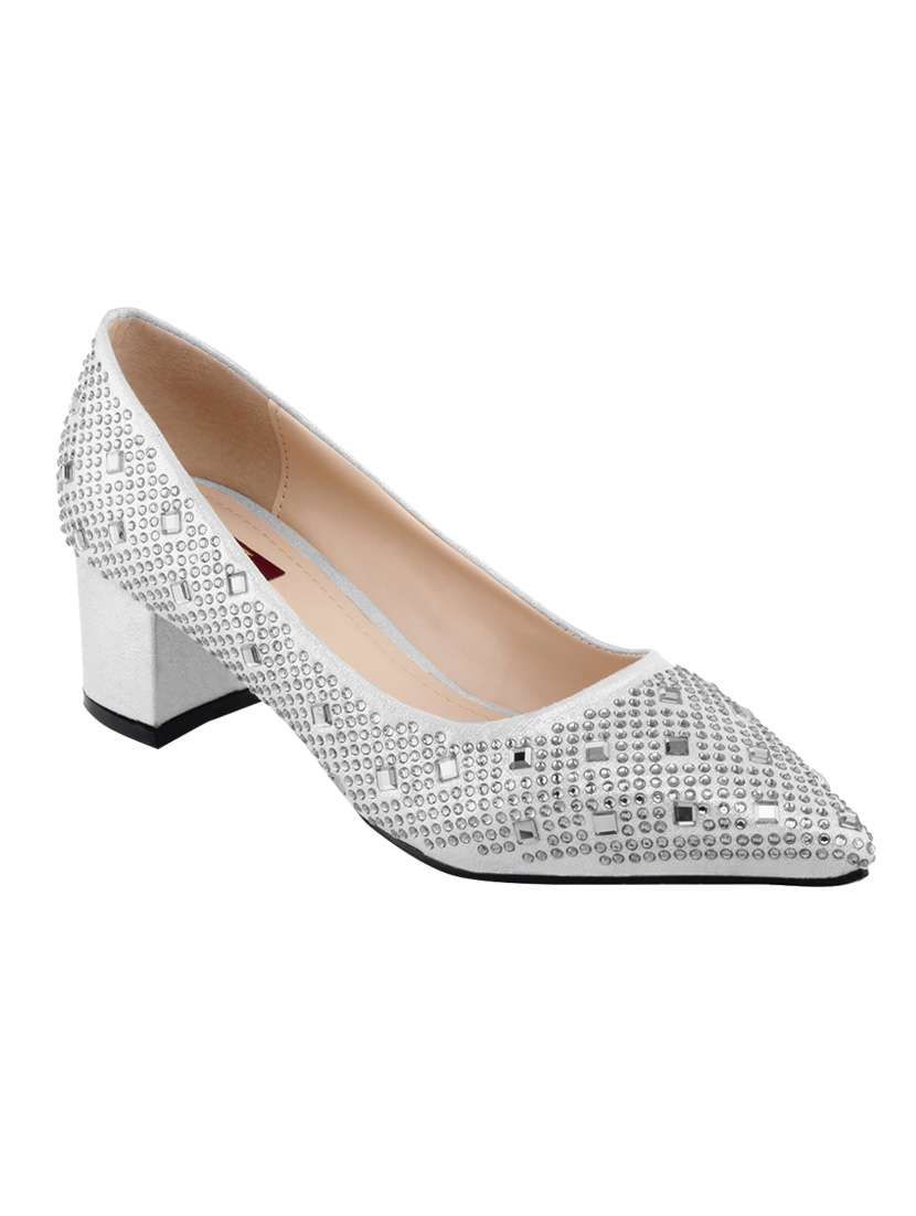 silver leatherette pumps
