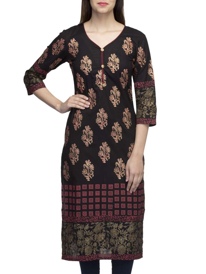 black cotton block printed straight kurta