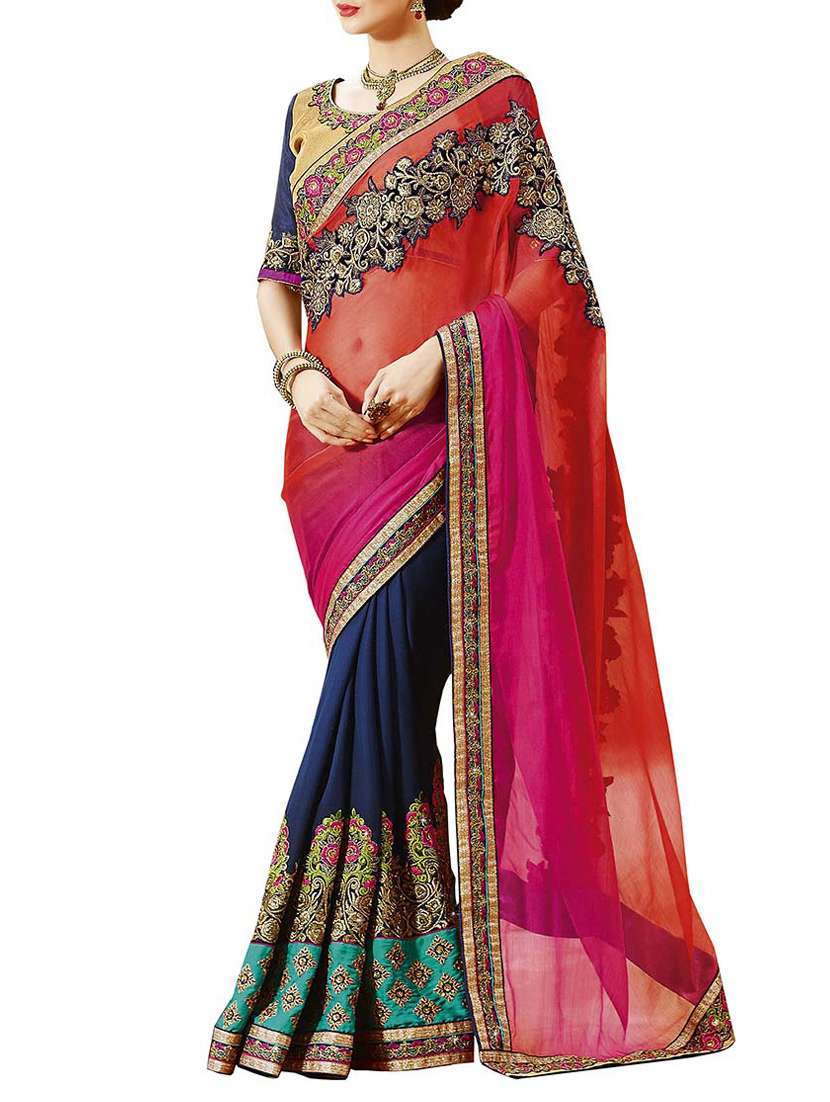 indianefashion  maroon and blue faux georgette embroidery sarees