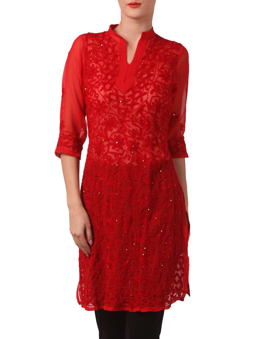 red faux georgette kurta
