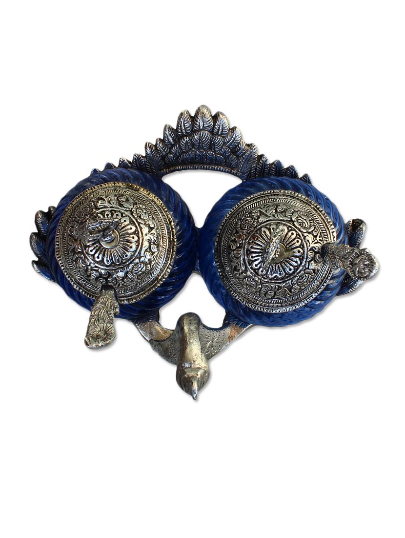 Craft Traditional Rajasthani Handicraft Metal Double Duck Bowl - Silver And Glass Decorative Blue Color Peacock Platter - By