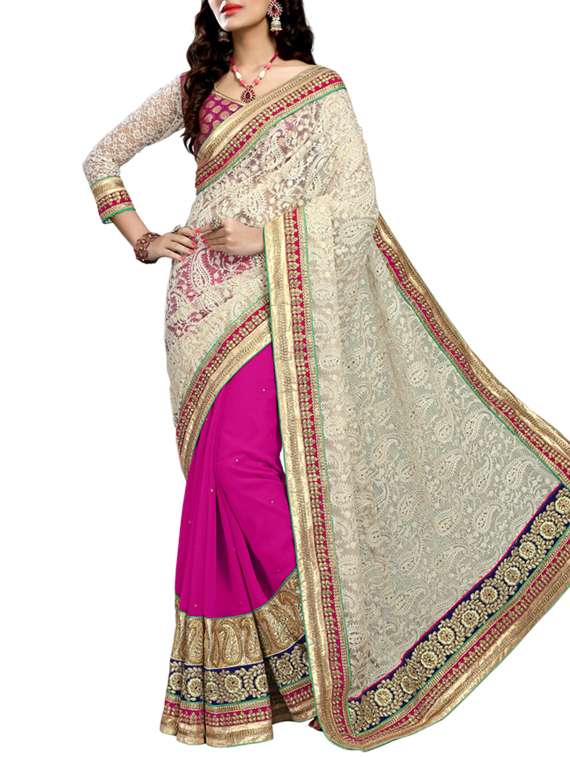 Beige & pink georgette embroidered half and half saree