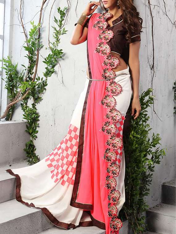 off white and coral pink georgette printed saree with blouse