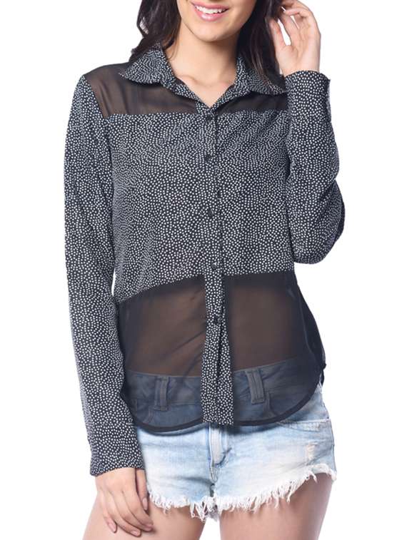 polka dotted sheer panel shirt