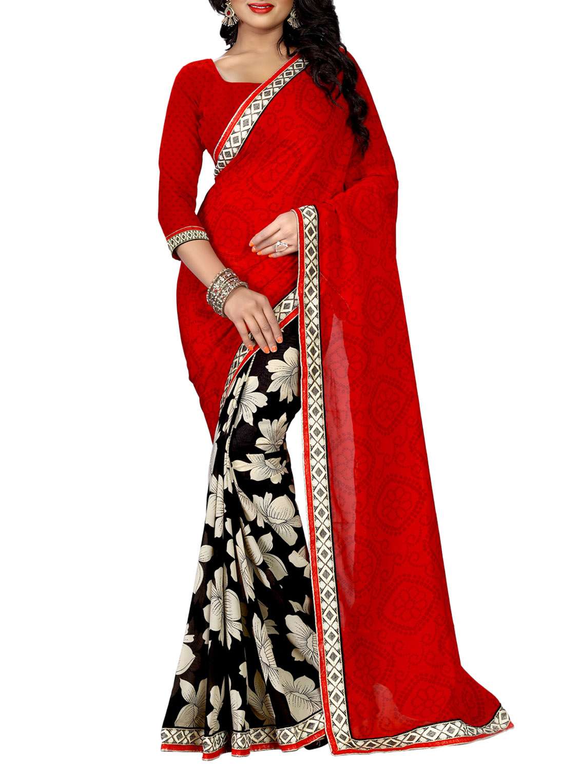 red & black georgette half & half saree with blouse