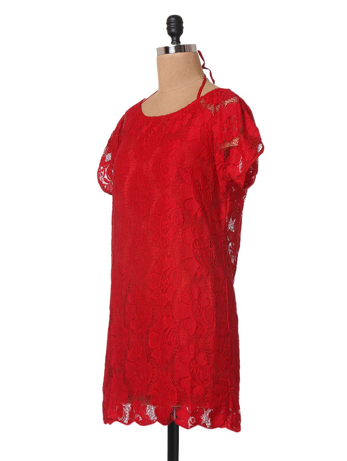 red color plain solid lace dress - 1031518 - Standard Image - 1