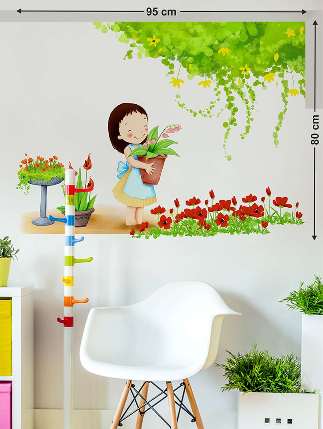 Buy Wall Stickers Kids Room Cartoon Girl With Pot Flowers And Green